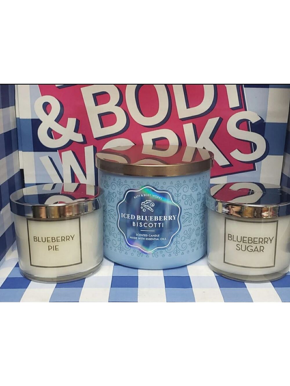 BBW Iced Blueberry Biscotti Large 3 Wick & Blueberry Sugar & Pie Single Wicks